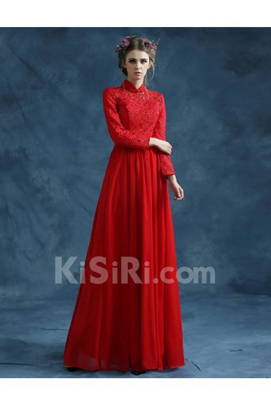 Lace High Collar Floor Length Long Sleeve Sheath Dress with Beads