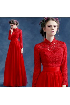 Lace High Collar Floor Length Long Sleeve Sheath Dress with Beads