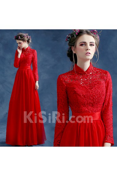 Lace High Collar Floor Length Long Sleeve Sheath Dress with Beads