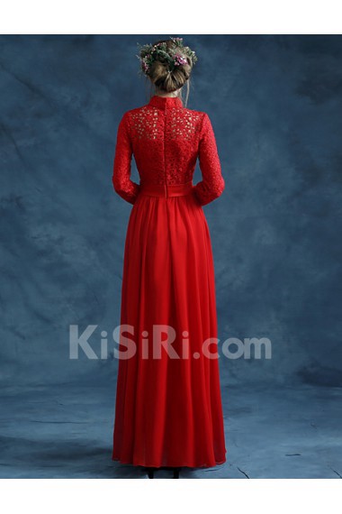 Lace High Collar Floor Length Long Sleeve Sheath Dress with Beads