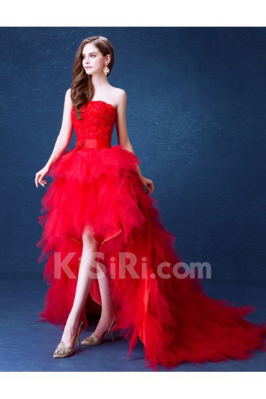 Lace, Chiffon, Tulle Strapless Mini/Short Sleeveless Ball Gown Dress with Rhinestone