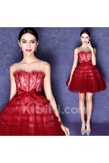 Lace, Tulle Jewel Mini/Short Sleeveless Ball Gown Dress with Bow