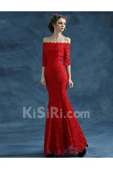 Lace Off-the-Shoulder Floor Length Half Sleeve Mermaid Dress with Embroidered