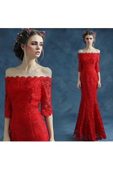 Lace Off-the-Shoulder Floor Length Half Sleeve Mermaid Dress with Embroidered