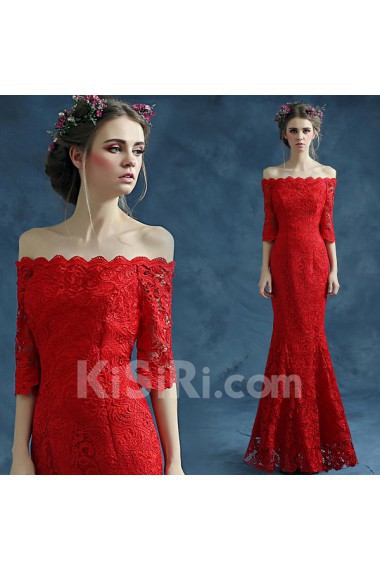 Lace Off-the-Shoulder Floor Length Half Sleeve Mermaid Dress with Embroidered