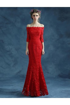 Lace Off-the-Shoulder Floor Length Half Sleeve Mermaid Dress with Embroidered