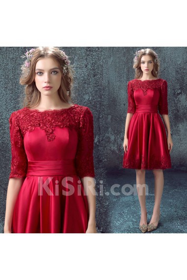 Lace, Chiffon, Tulle Bateau Knee-Length Half Sleeve A-line Dress with Embroidered