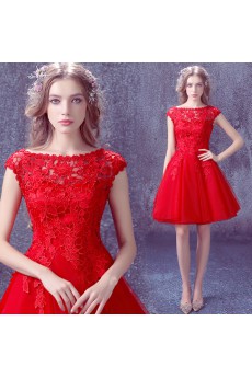 Lace, Organza Scoop Mini/Short Cap Sleeve Ball Gown Dress with Embroidered