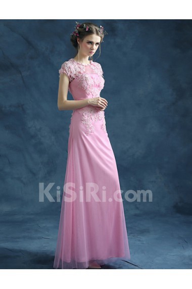 Lace, Chiffon, Tulle Jewel Floor Length Cap Sleeve Sheath Dress with Beads, Bow