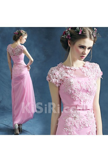 Lace, Chiffon, Tulle Jewel Floor Length Cap Sleeve Sheath Dress with Beads, Bow