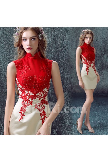 Satin High Collar Mini/Short Sleeveless Sheath Dress with Rhinestone