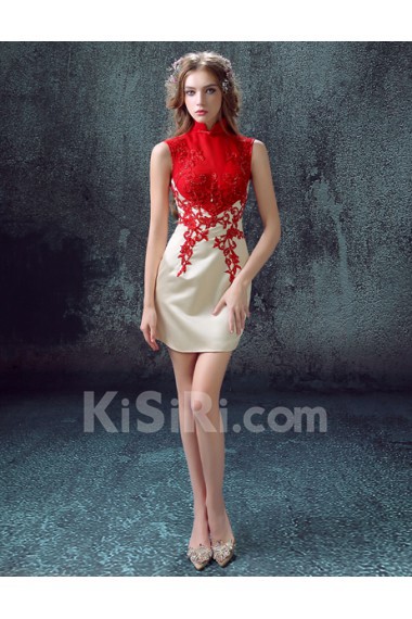 Satin High Collar Mini/Short Sleeveless Sheath Dress with Rhinestone