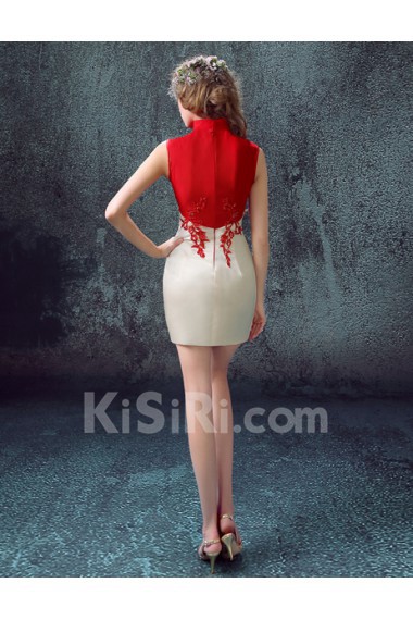 Satin High Collar Mini/Short Sleeveless Sheath Dress with Rhinestone