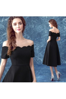 Satin Off-the-Shoulder Tea-Length A-line Dress