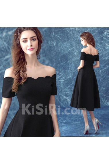 Satin Off-the-Shoulder Tea-Length A-line Dress