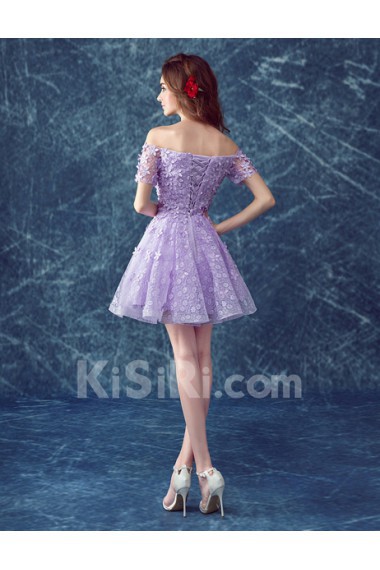 Lace Off-the-Shoulder Mini/Short Short Sleeve Ball Gown Dress with Pearl, Rhinestone