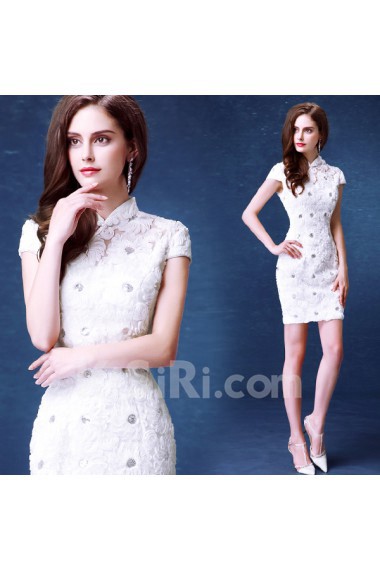 Organza, Chiffon High Collar Mini/Short Short Sleeve Sheath Dress with Sequins