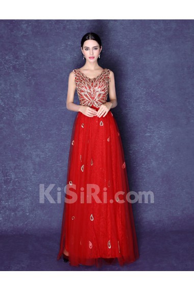 Lace, Organza V-neck Floor Length Sleeveless A-line Dress with Embroidered, Sequins