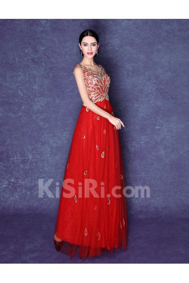 Lace, Organza V-neck Floor Length Sleeveless A-line Dress with Embroidered, Sequins