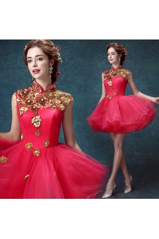 Net High Collar Mini/Short Sleeveless Ball Gown Dress with Sequins, Rhinestone