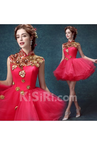 Net High Collar Mini/Short Sleeveless Ball Gown Dress with Sequins, Rhinestone