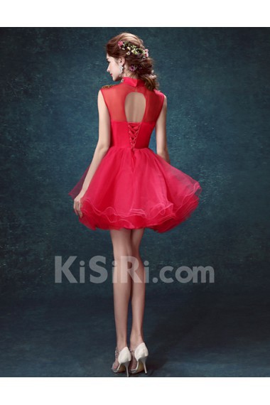 Net High Collar Mini/Short Sleeveless Ball Gown Dress with Sequins, Rhinestone