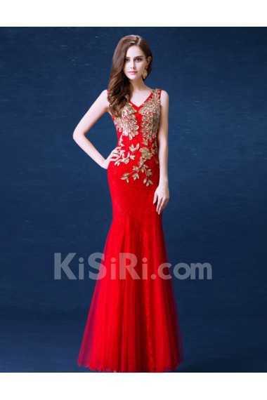 Lace, Chiffon, Tulle V-neck Floor Length Sleeveless Mermaid Dress with Embroidered, Rhinestone