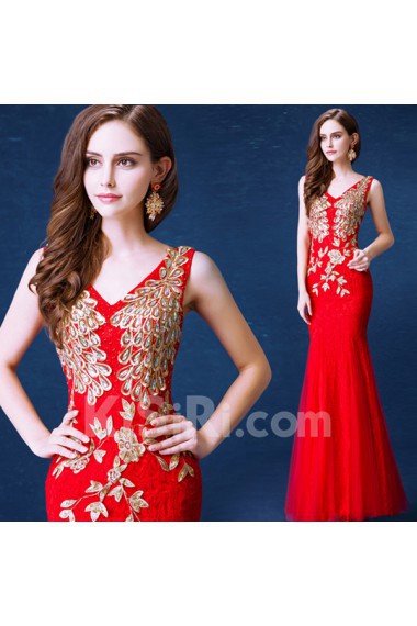 Lace, Chiffon, Tulle V-neck Floor Length Sleeveless Mermaid Dress with Embroidered, Rhinestone