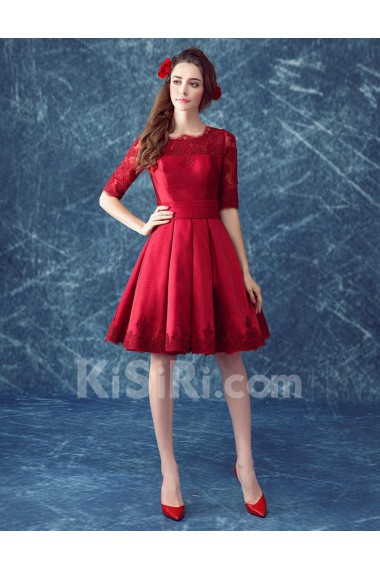 Satin, Lace Scoop Knee-Length Half Sleeve Ball Gown Dress with Embroidered