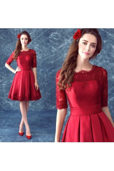 Satin, Lace Scoop Knee-Length Half Sleeve Ball Gown Dress with Embroidered