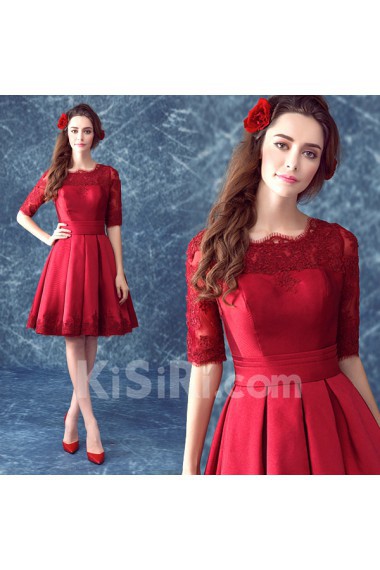 Satin, Lace Scoop Knee-Length Half Sleeve Ball Gown Dress with Embroidered