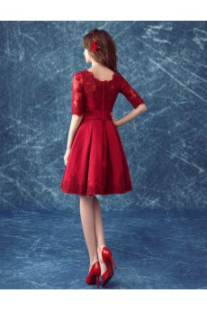 Satin, Lace Scoop Knee-Length Half Sleeve Ball Gown Dress with Embroidered