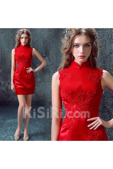 Satin High Collar Mini/Short Sleeveless Sheath Dress with Embroidered