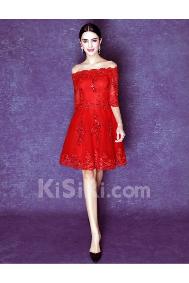 Tulle Off-the-Shoulder Mini/Short Half Sleeve A-line Dress with Sequins