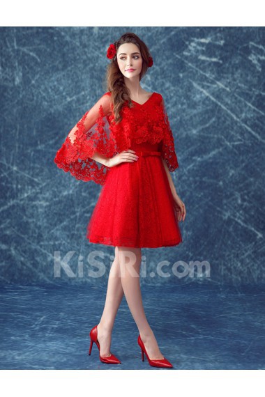 Lace, Tulle V-neck Mini/Short A-line Dress with Bow