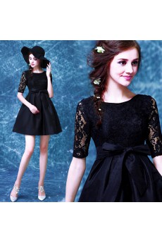 Lace, Satin Scoop Mini/Short Half Sleeve Ball Gown Dress with Bow