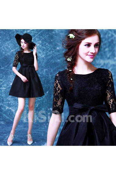 Lace, Satin Scoop Mini/Short Half Sleeve Ball Gown Dress with Bow