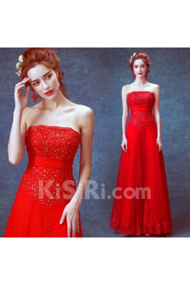 Lace Strapless Floor Length Sleeveless A-line Dress with Sequins