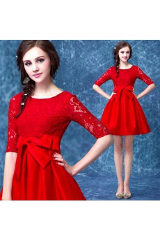 Lace, Chiffon, Tulle Scoop Mini/Short Half Sleeve A-line Dress with Bow