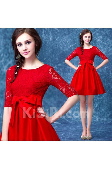 Lace, Chiffon, Tulle Scoop Mini/Short Half Sleeve A-line Dress with Bow