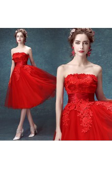 Lace, Organza Strapless Tea-Length Sleeveless Ball Gown Dress with Handmade Flowers