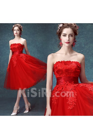 Lace, Organza Strapless Tea-Length Sleeveless Ball Gown Dress with Handmade Flowers