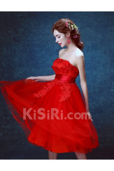 Lace, Organza Strapless Tea-Length Sleeveless Ball Gown Dress with Handmade Flowers