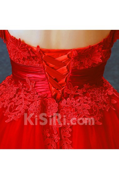 Lace, Organza Strapless Tea-Length Sleeveless Ball Gown Dress with Handmade Flowers