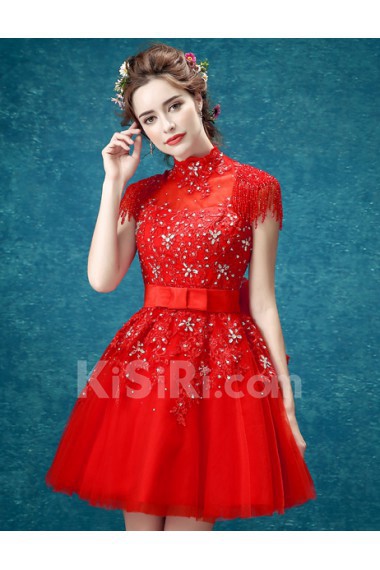 Lace, Tulle High Collar Mini/Short Cap Sleeve Ball Gown Dress with Beads, Bow