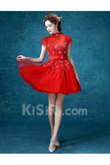 Lace, Tulle High Collar Mini/Short Cap Sleeve Ball Gown Dress with Beads, Bow