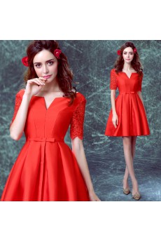 Satin V-neck Mini/Short Short Sleeve A-line Dress with Lace, Bow