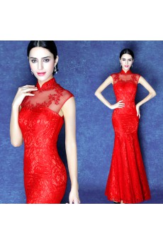 Lace, Net High Collar Floor Length Cap Sleeve Mermaid Dress with Beads