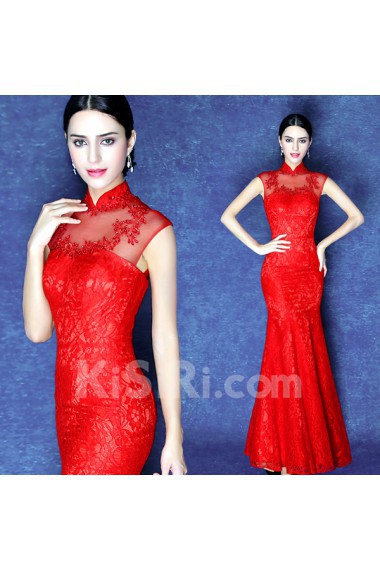 Lace, Net High Collar Floor Length Cap Sleeve Mermaid Dress with Beads