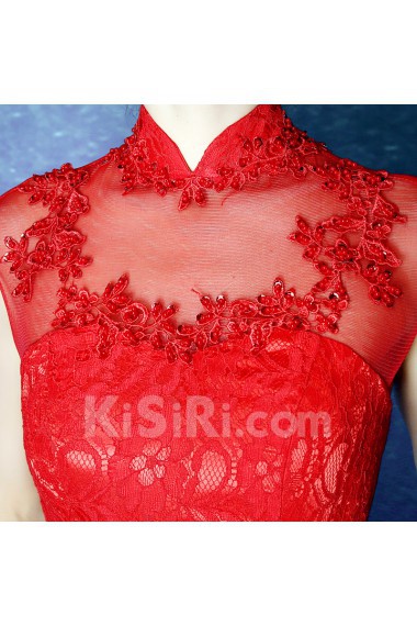 Lace, Net High Collar Floor Length Cap Sleeve Mermaid Dress with Beads